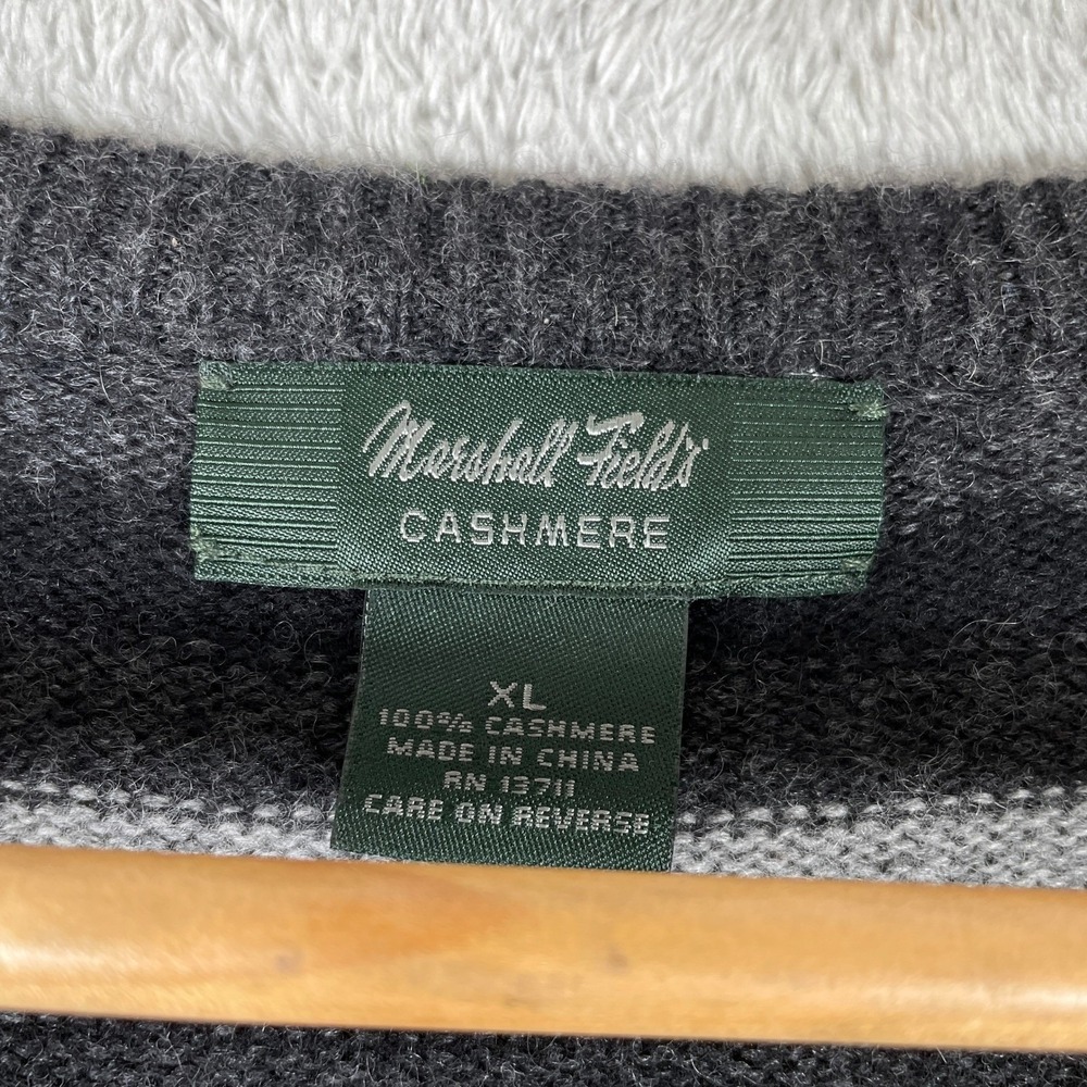 Marshall Fields Sweater Mens XL Gray Striped V Neck 100% Cashmere Long Sleeve - Picture 3 of 6